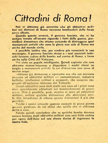 Uno dei manifestini di propaganda lanciati su Roma dagli Alleati tra maggio 1943 e giugno 1944 © ANSA