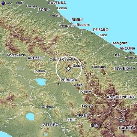 Nella cartina dell'Ingv l'epicentro della scossa di terremoto avvertita in provincia di Perugia ieri sera © ANSA