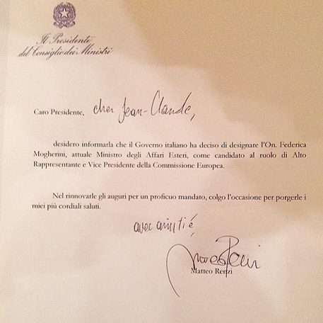 Ue: Renzi designa Mogherini per guida Pesc, la lettera a Jean Claude Juncker © Ansa