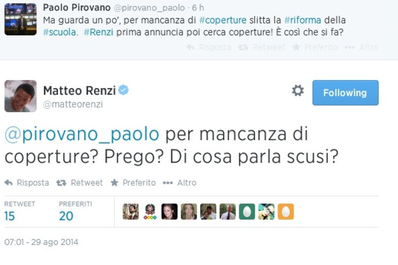 Un tweet di Renzi - RIPRODUZIONE RISERVATA