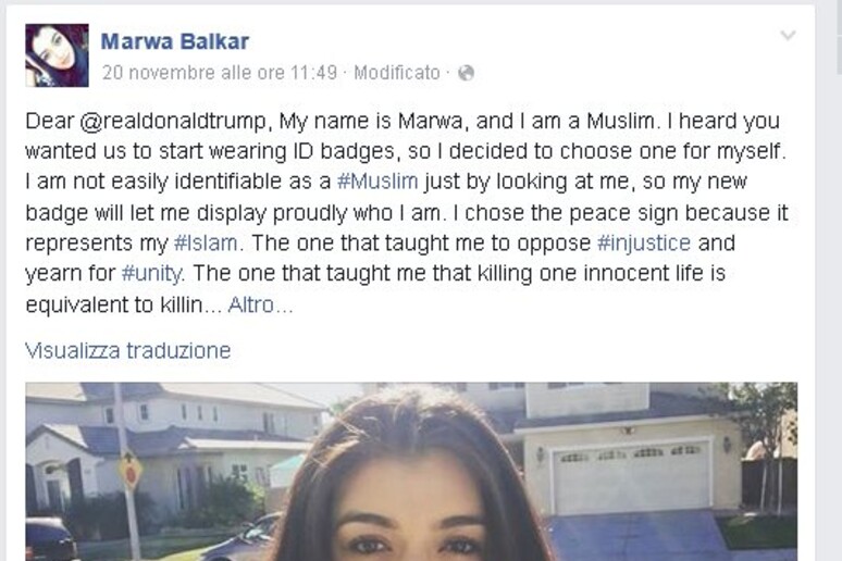Il post di Marwa Balkar - RIPRODUZIONE RISERVATA